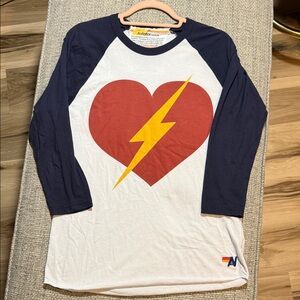 SUPER RARE‎ Aviator Nation Heart Bolt Raglan 3/4 Sleeve Tee Navy Medium